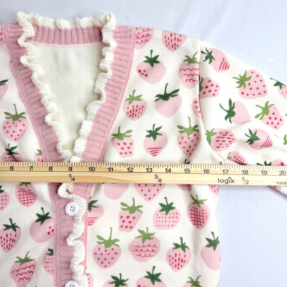 Womens Strawberry Print Ruffle Trim Knit Cardigan Pink Cream V-Neck Button Up - Picture 9 of 11